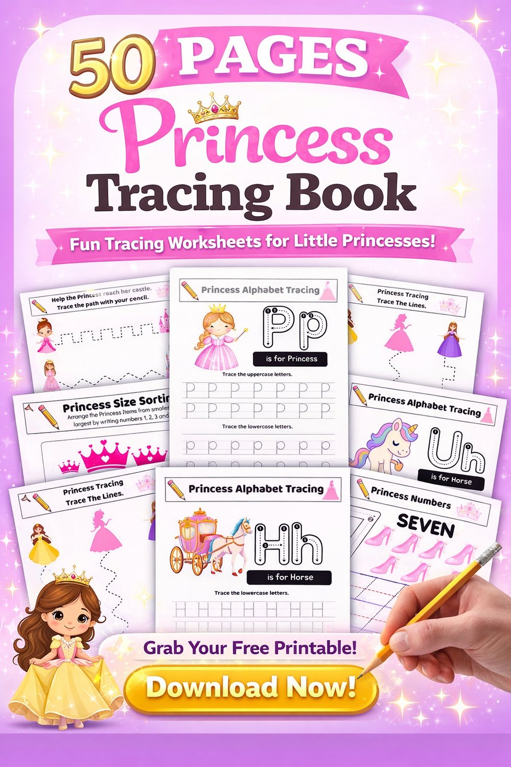 Princess Tracing Book for Kids | 50 Pages Printable PDF | Learn to Write, Trace Letters & Shapes | Preschool Worksheet | Digital Download