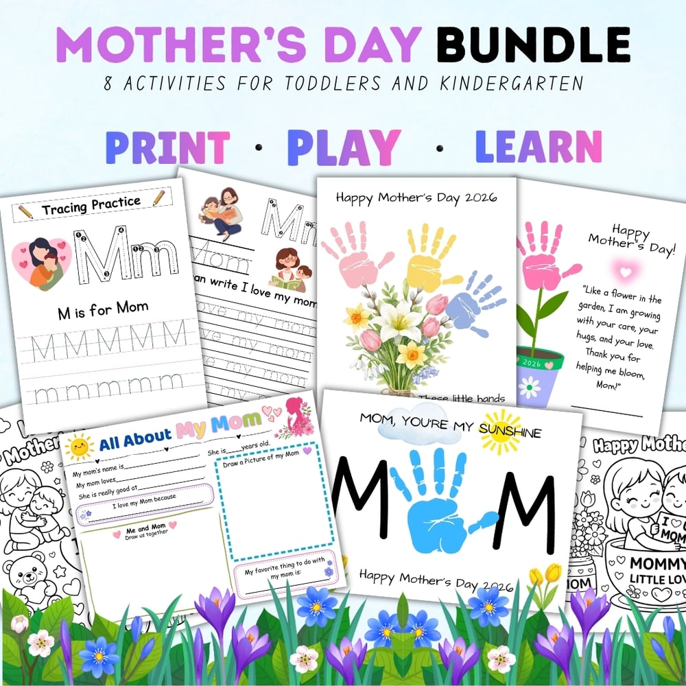 Mother’s Day Activities for Toddlers & Preschool | 8 Page Printable Bundle | Handprint Craft, Coloring Pages, All About My Mom & Tracing Worksheets