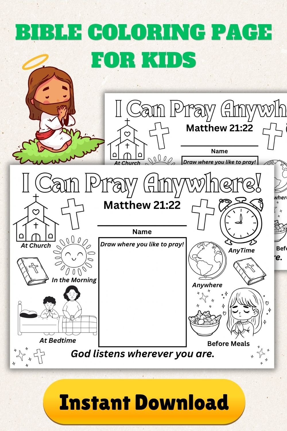 Bible Coloring Page | Pray Anywhere | Christian Kids Activity | Pray Sunday School Bible Lesson Printable Coloring Activity Placemat for Children.