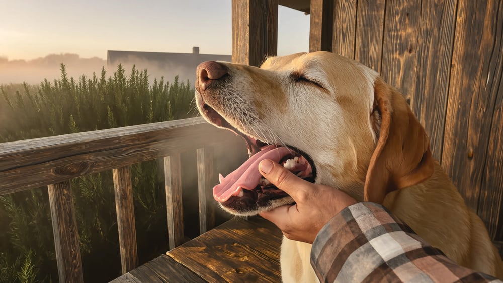 Yellow Labrador Retriever Max yawning on a sunlit California farmhouse porch, showing his morning dog breath in a humorous and relatable moment.