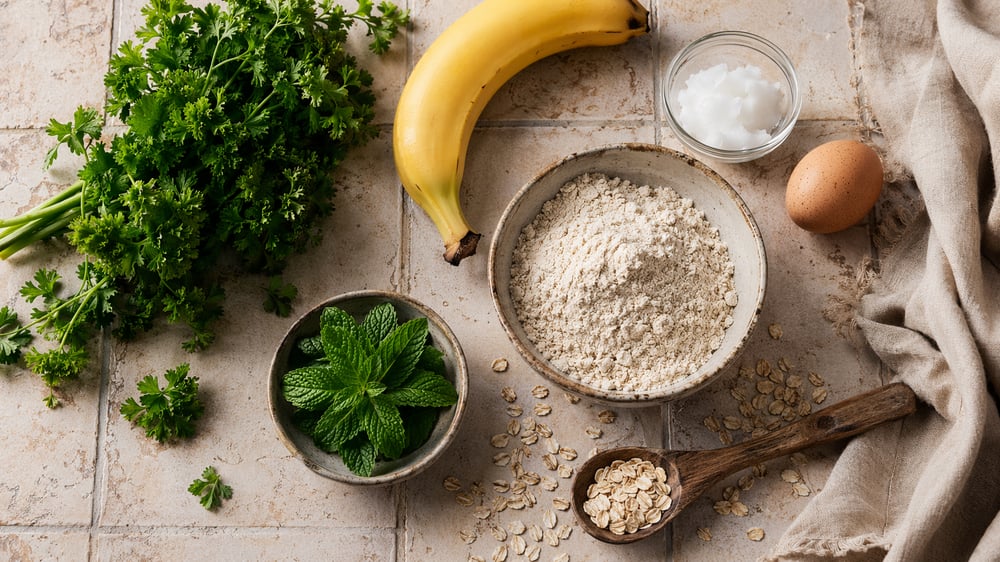 Overhead flatlay of fresh ingredients for homemade dog breath-freshening treats: curly parsley, spearmint, banana, coconut oil, egg, and oat flour arranged on a rustic farmhouse table.