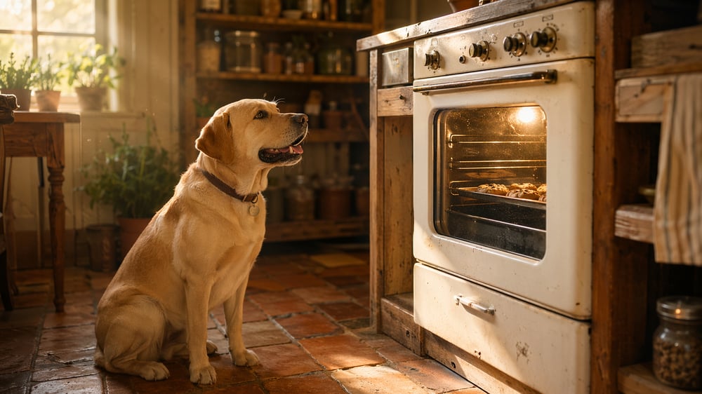 Patient Yellow Labrador sitting on a farmhouse kitchen floor, looking up at a warm oven while waiting for homemade breath-freshening dog treats to finish baking.