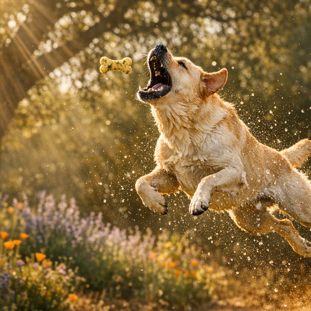 Happy Yellow Labrador joyfully eating a homemade breath-freshening treat on a sunlit California farmhouse porch, tail wagging with pure satisfaction.