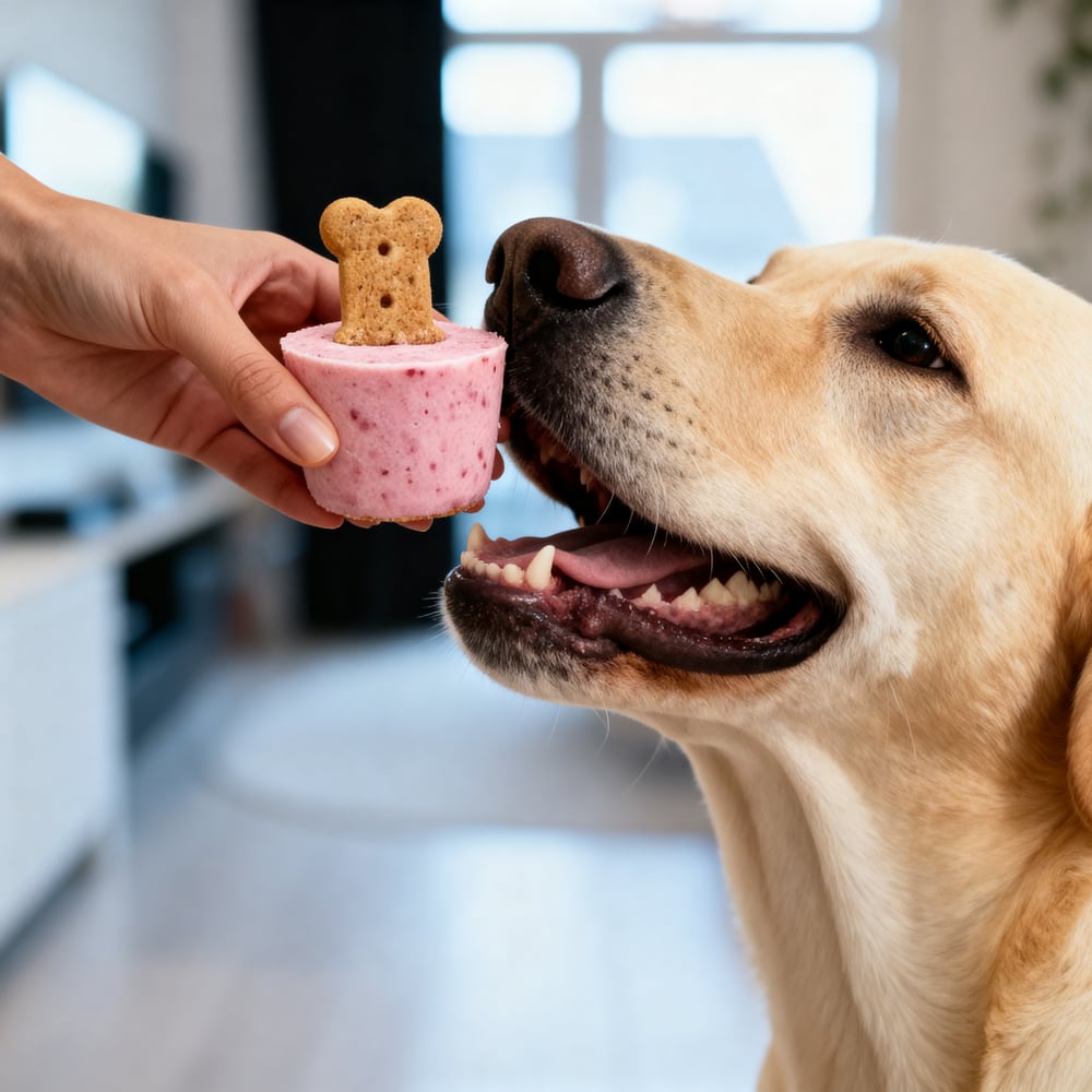 max the yellow labrador ist eating strawberry yogurt dog treats happily