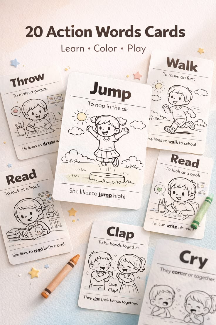 20 Action Words Coloring Cards for Kids (Ages 3–7) – Fun Verbs Learning Printable | Learn Actions Through Play