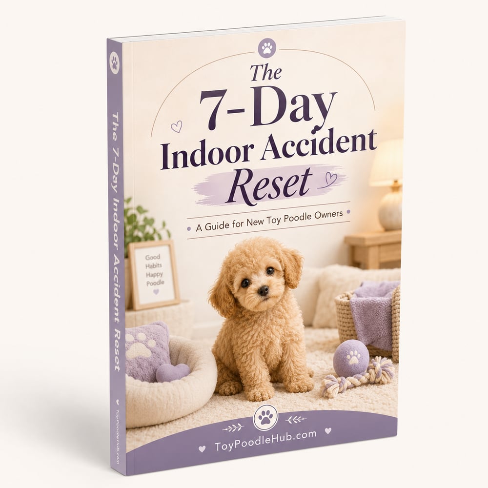 3D ebook mockup of The 7-Day Indoor Accident Reset guide for new Toy Poodle owners with a cream and purple cover and apricot Toy Poodle puppy.