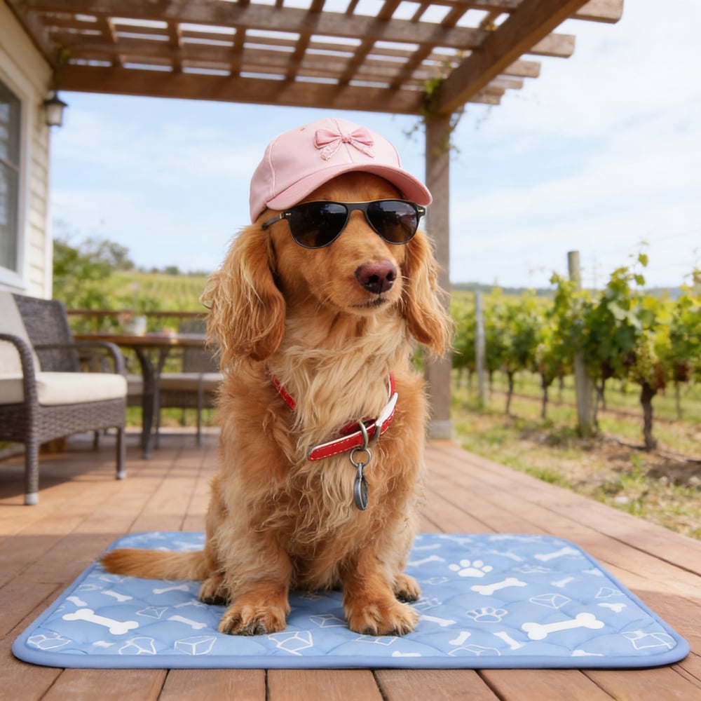 Bella the dachshund on a cooling mat