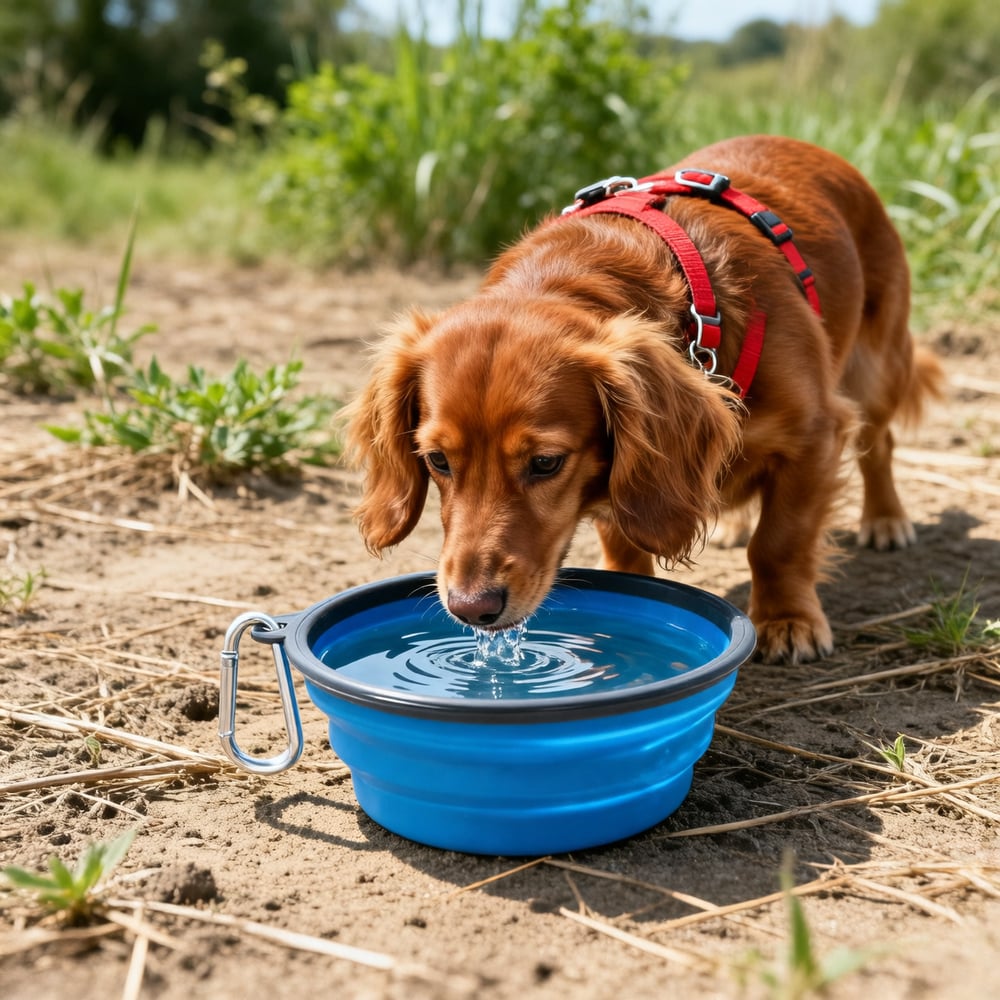 Bella the dachshund drinking from a collapsible bowl