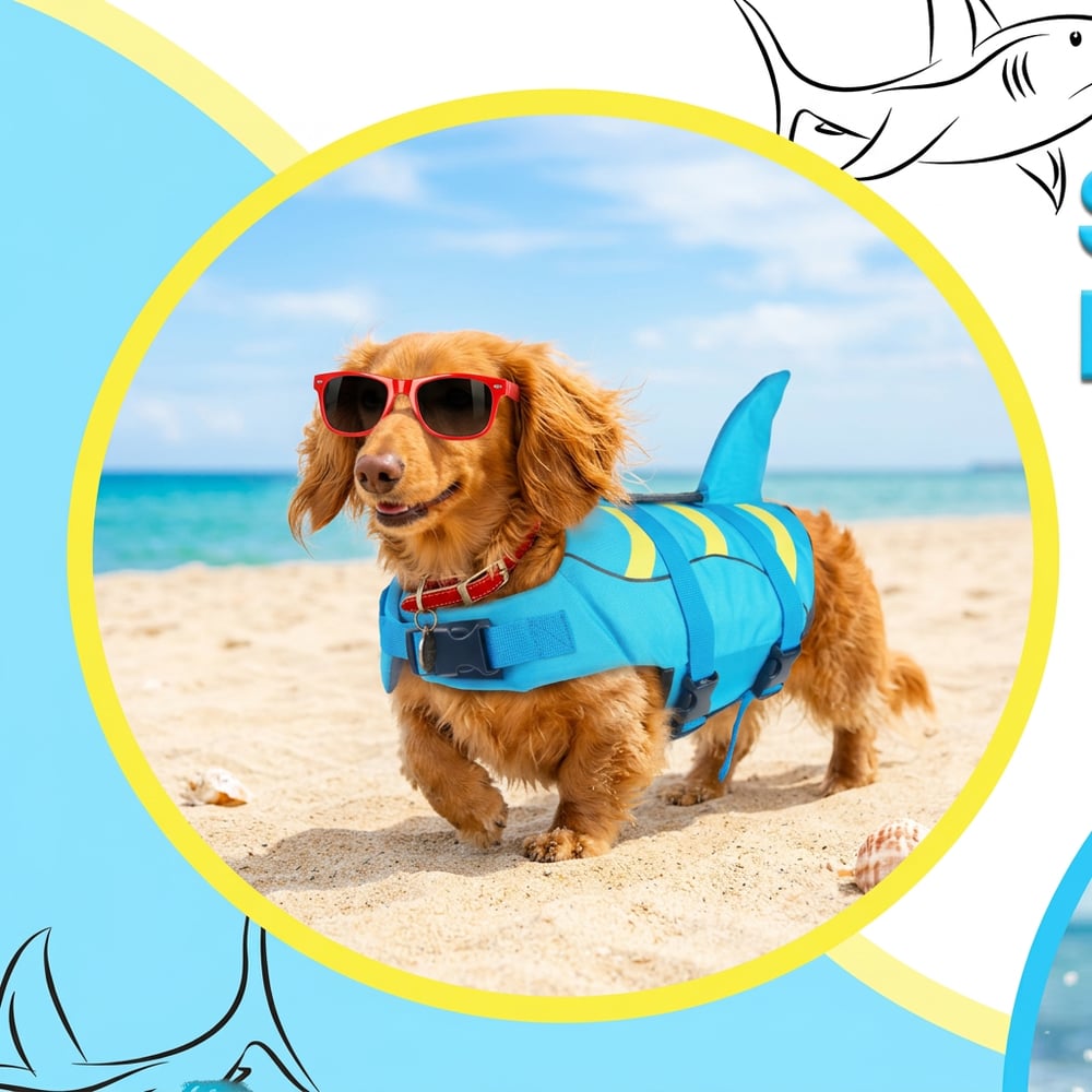 bella the dachshund wearing a shark life jacket