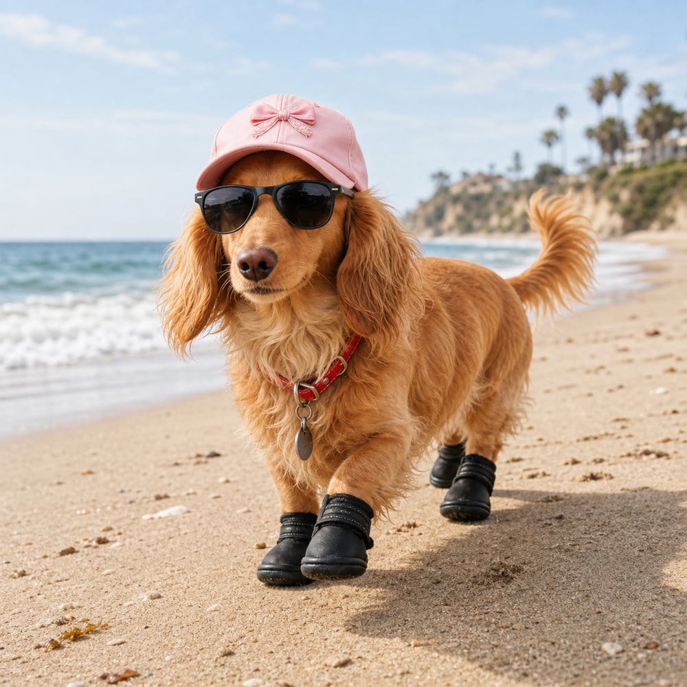 Bella the dachshund lady with paw protection booties on the beach