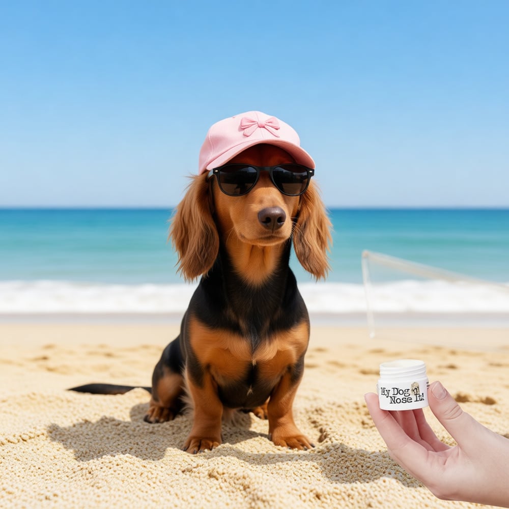 bella the dachshund lady with sunscreen for dogs on the beach