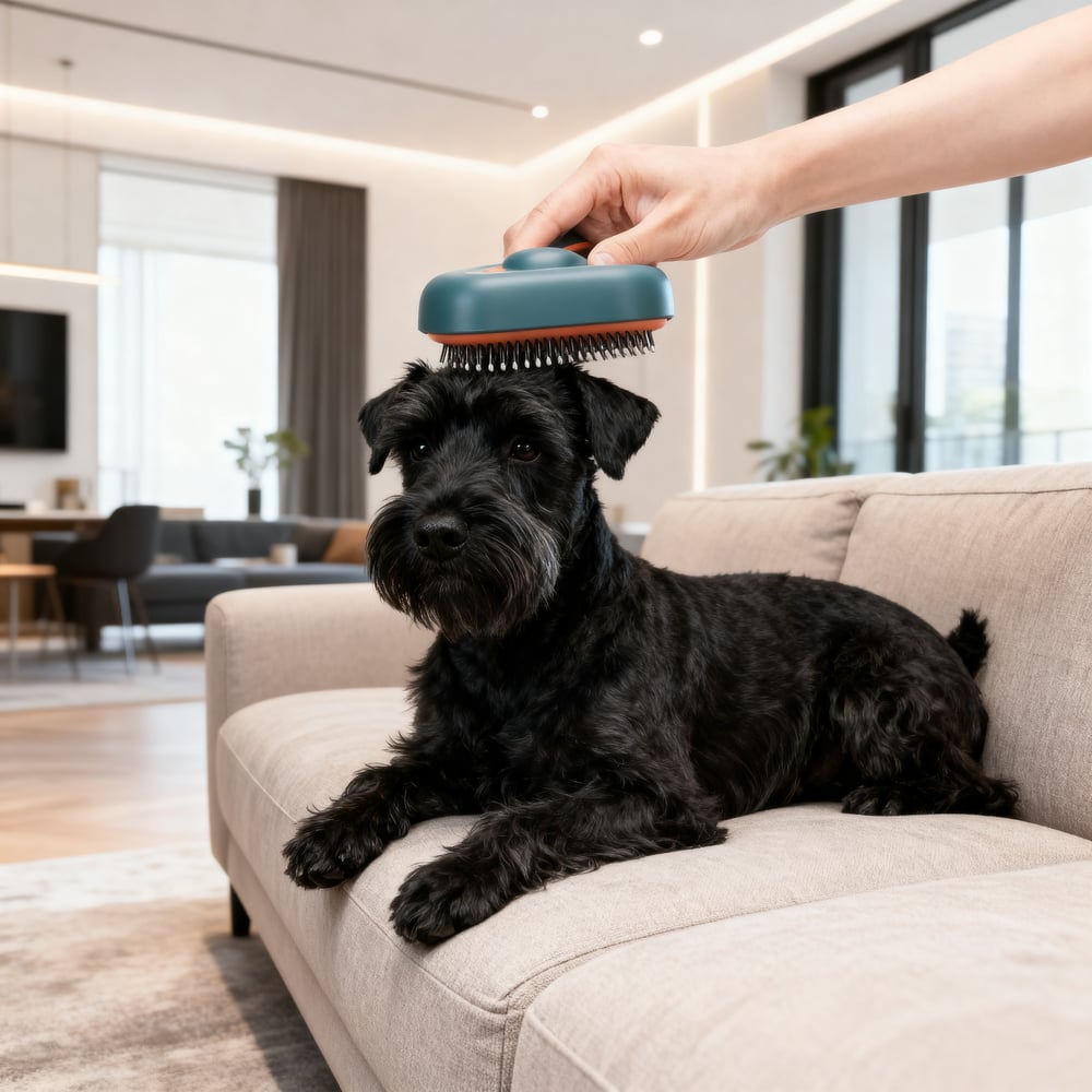 pluto the schnauzer is groomed with a pet brush