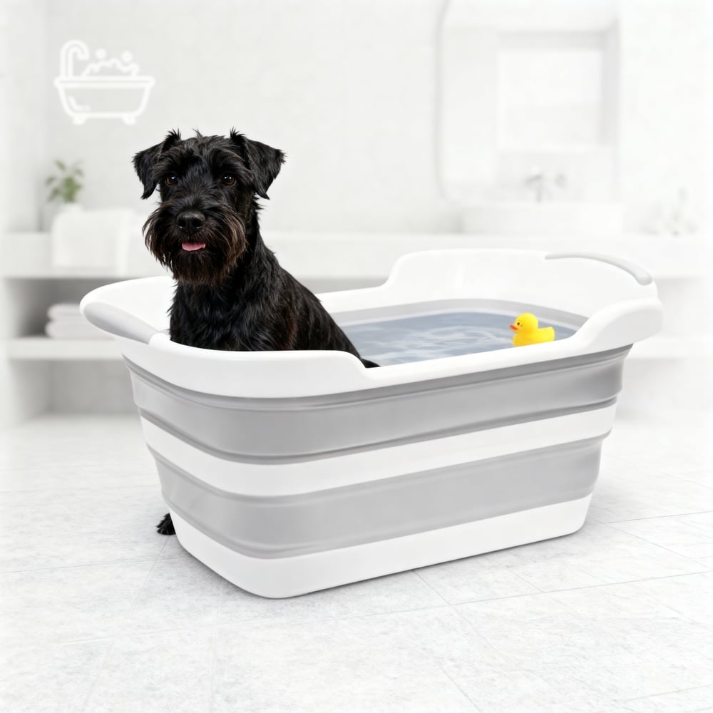pluto the schnauzer in his bath tub
