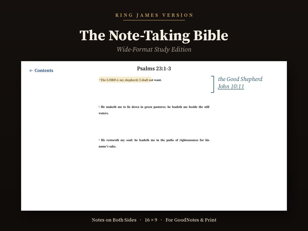 KJV note-taking Bible PDF, Wide-Margin 16x9 landscape Edition, open for teaching notes, preview 3, shown for note-taking in GoodNotes