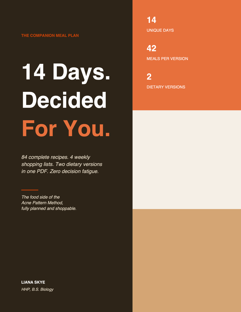 he Acne Pattern Method 14-Day Done-For-You Meal Plan ebook cover — 84 recipes including vegan and clean animal-protein versions with 4 weekly shopping lists by Liana Skye, HHP, B.S. Biology