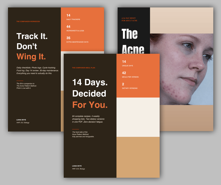 The Acne Pattern Method complete system — the main 14-day guide plus the optional 14-day done-for-you meal plan and printable workbook and tracker companion products