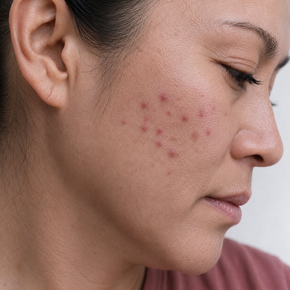 Adult woman with persistent cheek-zone acne — example of the cheek breakout pattern identified in The Acne Pattern Method 5-zone diagnostic