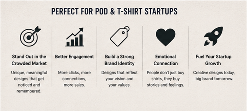 Modern infographic showing benefits of unique T-shirt designs for POD businesses and startup brands.