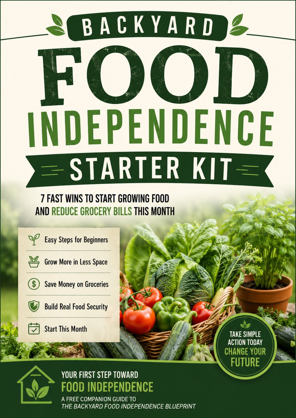 Backyard Food Independence Starter Kit ebook cover featuring fresh vegetables, raised-bed gardening themes, food security tips, beginner gardening guidance, grocery savings strategies, self-reliance skills, homesteading concepts, and practical backyard food production methods for families seeking greater food independence and resilience.