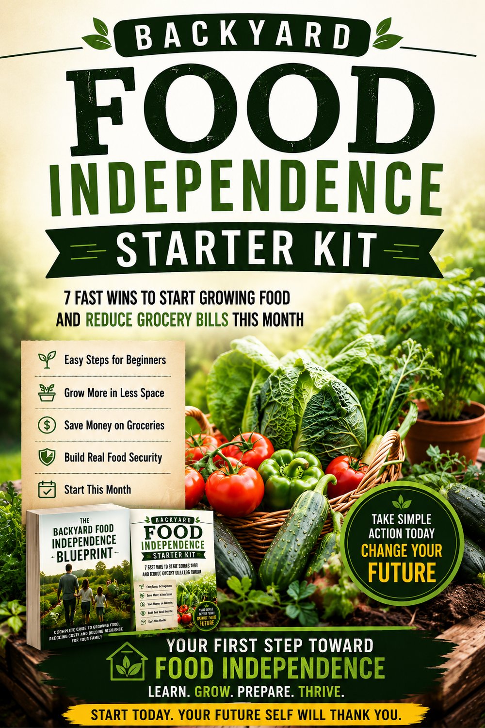 Backyard Food Independence Starter Kit ebook cover featuring fresh vegetables, raised-bed gardening themes, food security tips, beginner gardening guidance, grocery savings strategies, self-reliance skills, homesteading concepts, and practical backyard food production methods for families seeking greater food independence and resilience.