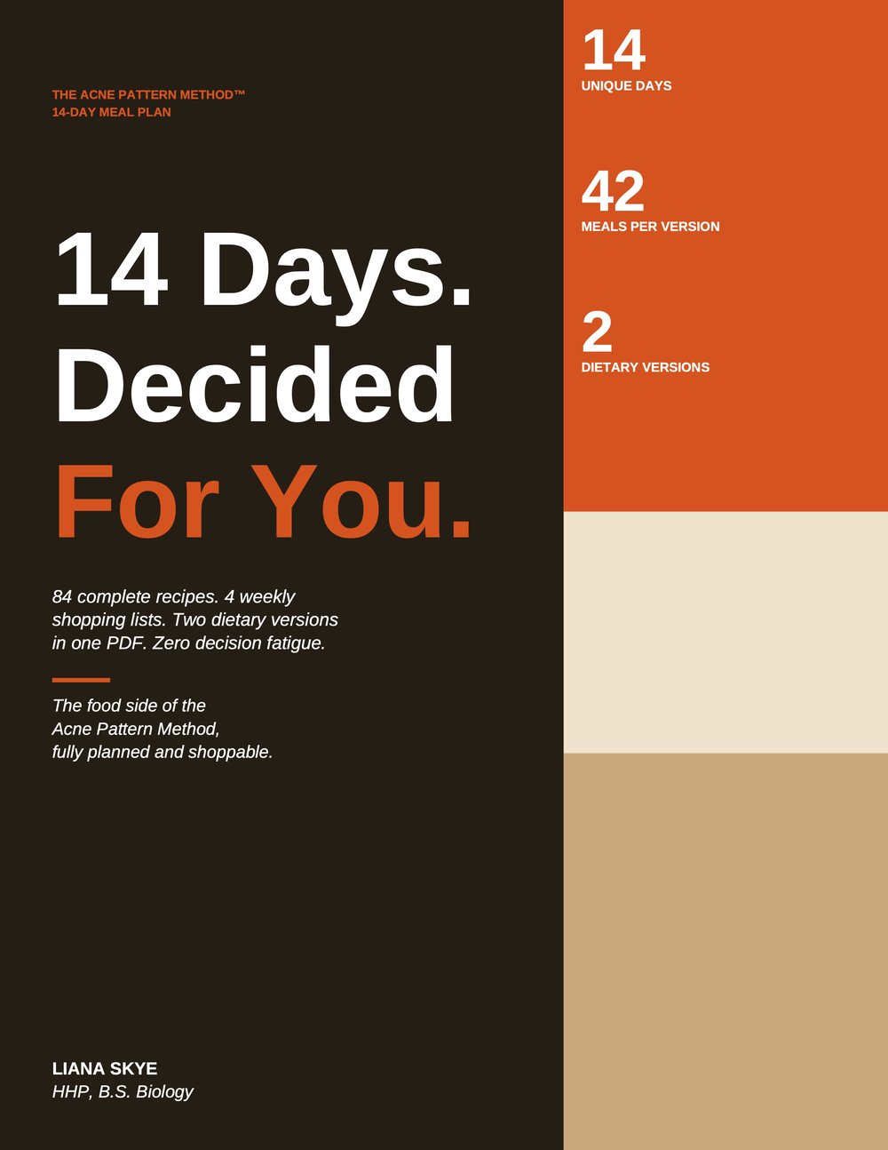 The Acne Pattern Method™ 14-Day Done-For-You Meal Plan ebook cover — 84 recipes including vegan and clean animal-protein versions with 4 weekly shopping lists by Liana Skye, HHP, B.S. Biology