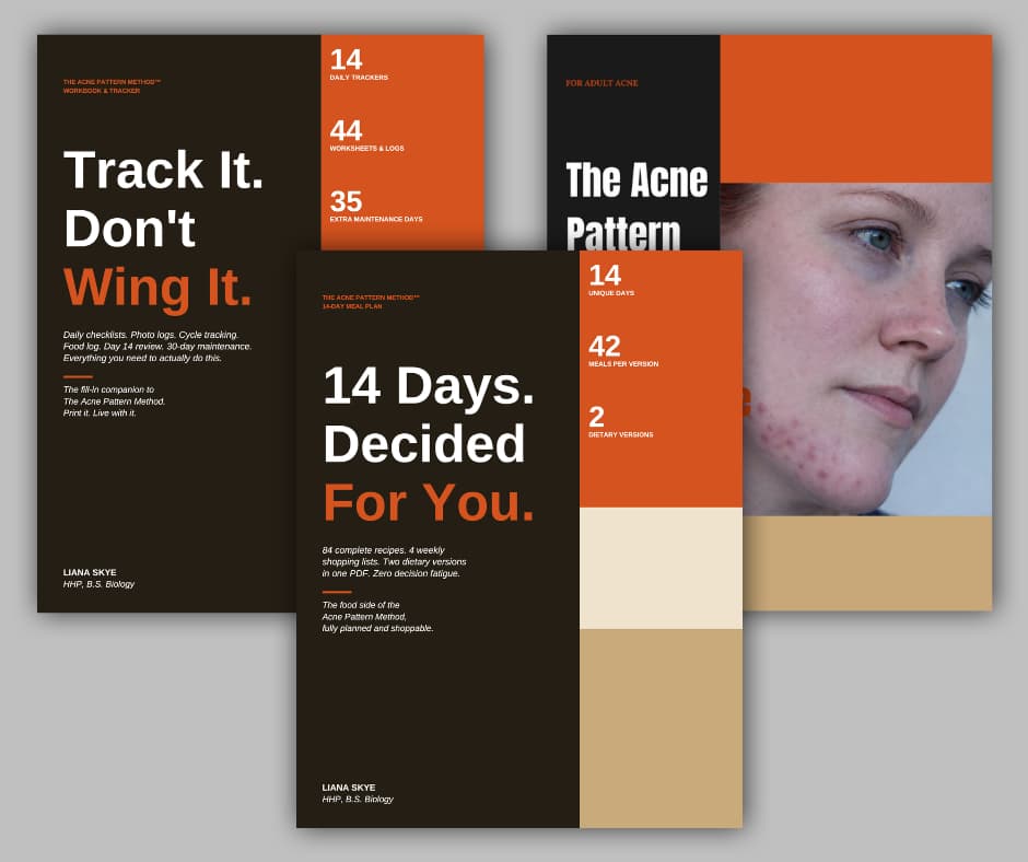 The Acne Pattern Method™ Complete System — the 14-day reset guide plus the optional 14-day done-for-you meal plan and printable workbook and tracker companion products