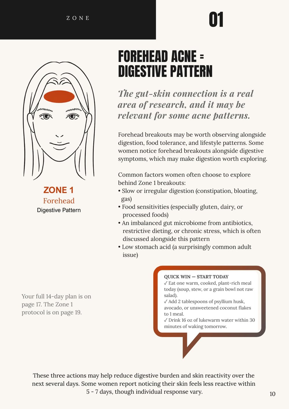 Inside The Acne Pattern Method™ 14-Day Reset Guide — zone 1 overview showing how the system layers general habits with targeted interventions