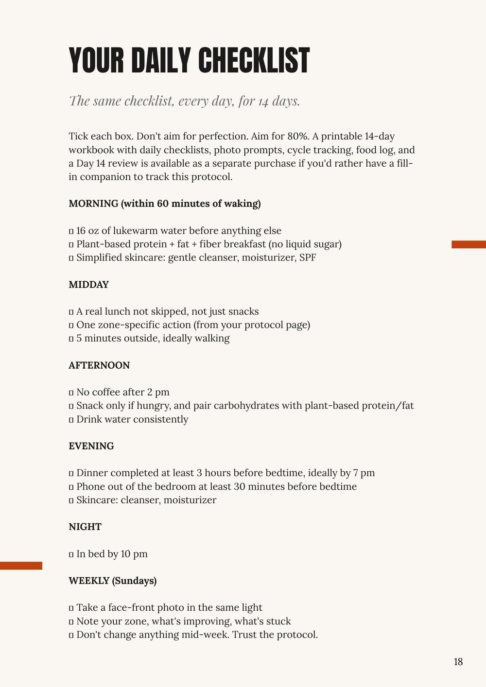 Inside The Acne Pattern Method™ 14-Day Reset Guide — the 14-day daily checklist showing how the system layers general habits with targeted interventions