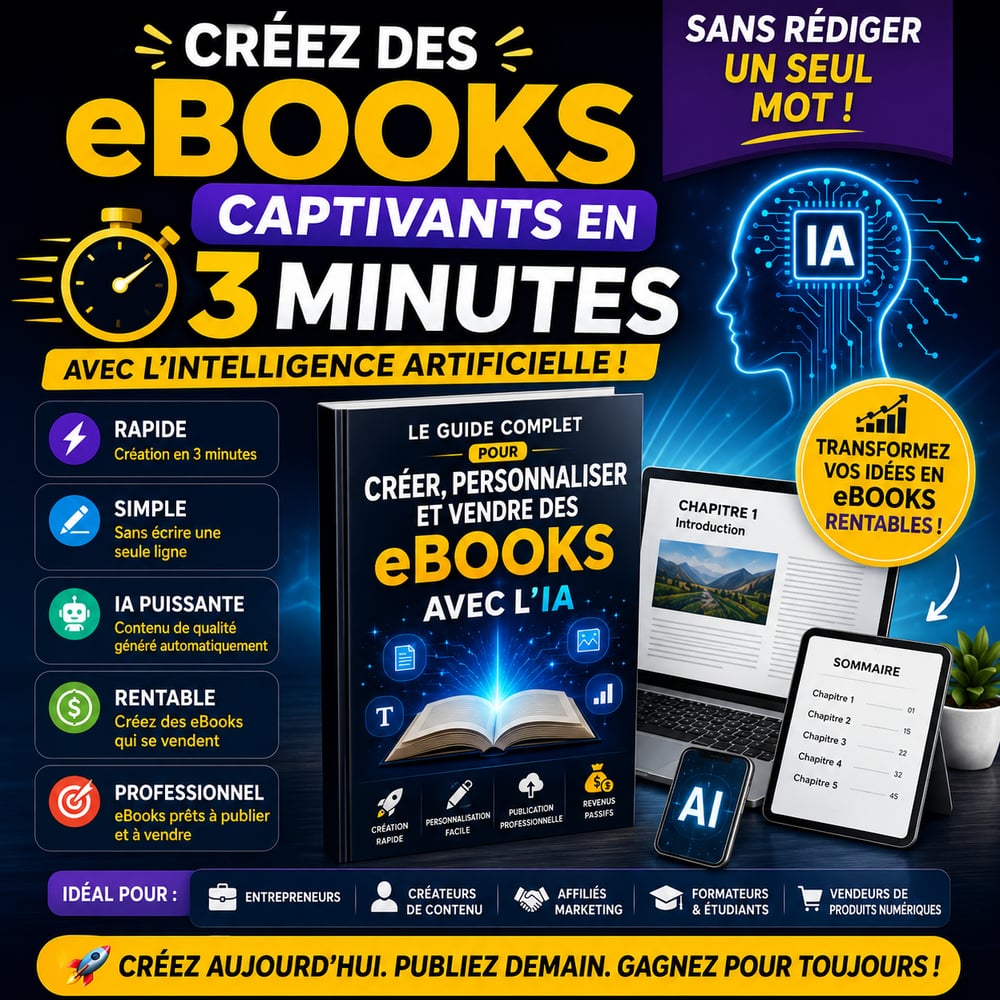Formation Intelligence Artificielle pour créer des eBooks rentables, générer du contenu automatiquement et développer un business en ligne.