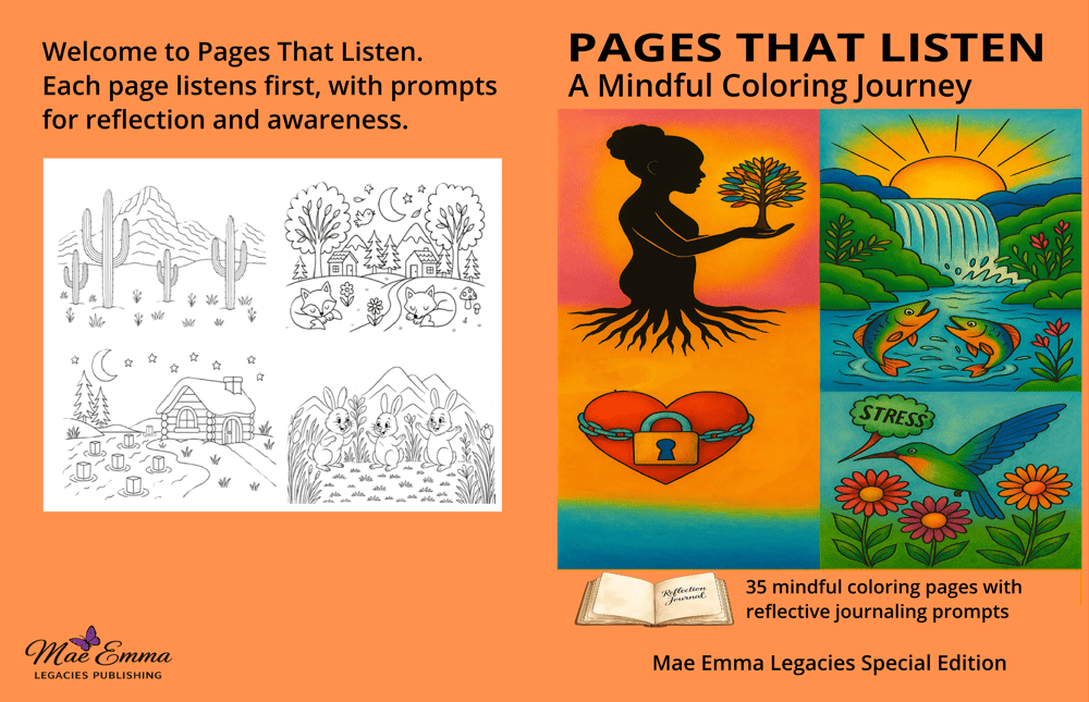 Printable reflection pages, mindfulness coloring pages, self-reflection worksheets, personal growth activities, emotional wellness printables, healing and resilience activities, guided journaling prompts, self-discovery worksheets, coloring and reflection pages, Pages That Listen.