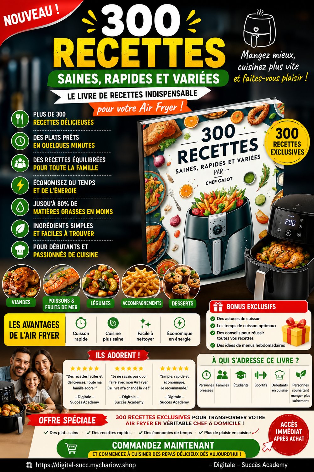 Couverture ebook 300 recettes saines, rapides et variées pour Air Fryer avec plats gourmands, légumes, viandes, desserts et friteuse sans huile.