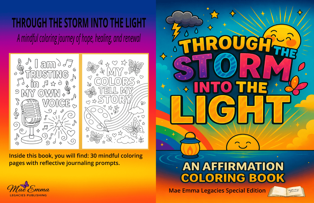 Through the Storm Into the Light, From Roots to Renewal Collection, printable affirmation pages, affirmation coloring pages, printable coloring pages, guided reflection, personal growth, resilience, hope, mindfulness activities, self-reflection, emotional wellness, digital download, Mae Emma Legacies