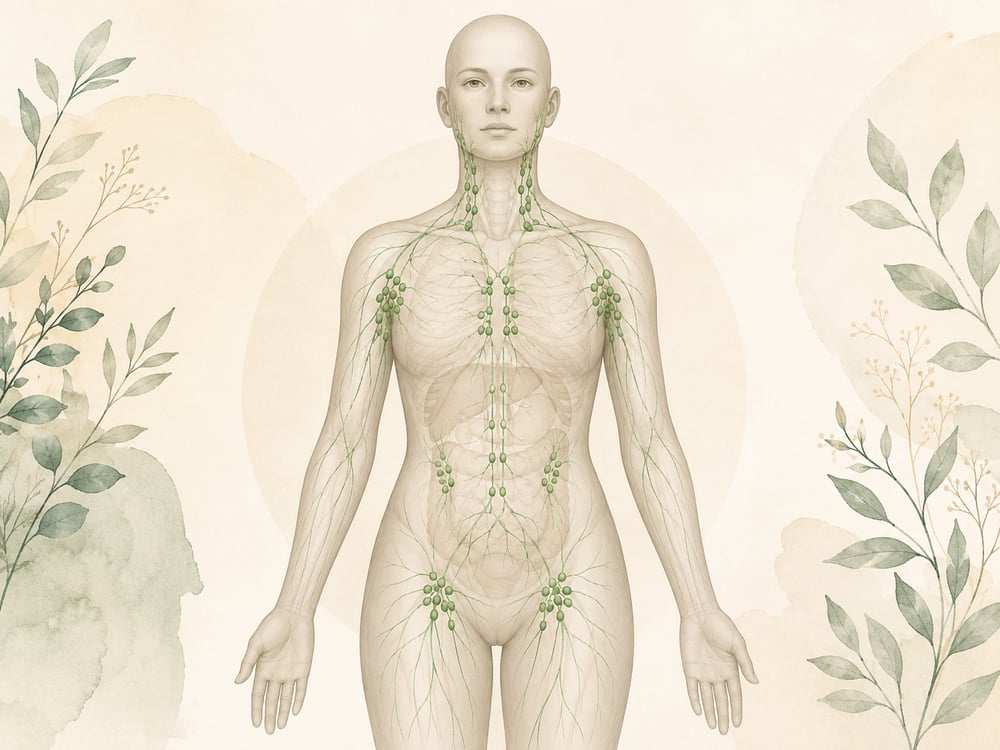 Botanical anatomical illustration showing the main groups of lymph nodes in the neck, underarms, chest, abdomen and groin.