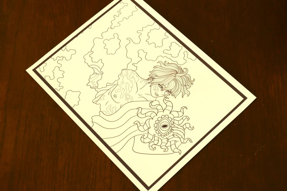 A black and white coloring page showing a man and a monster.