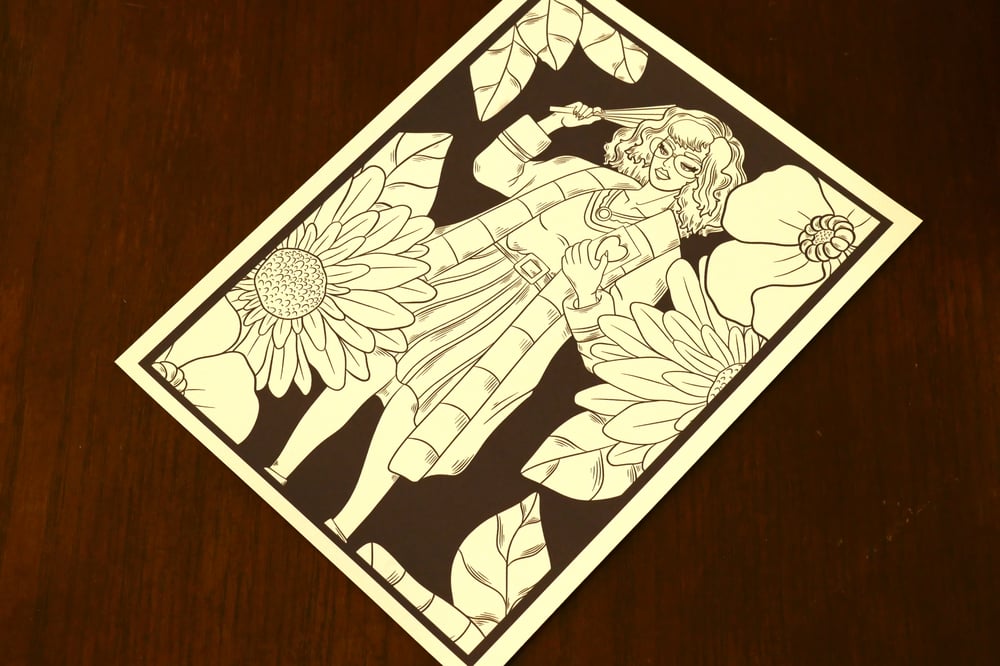 A black and white coloring sheet of a garder woman.