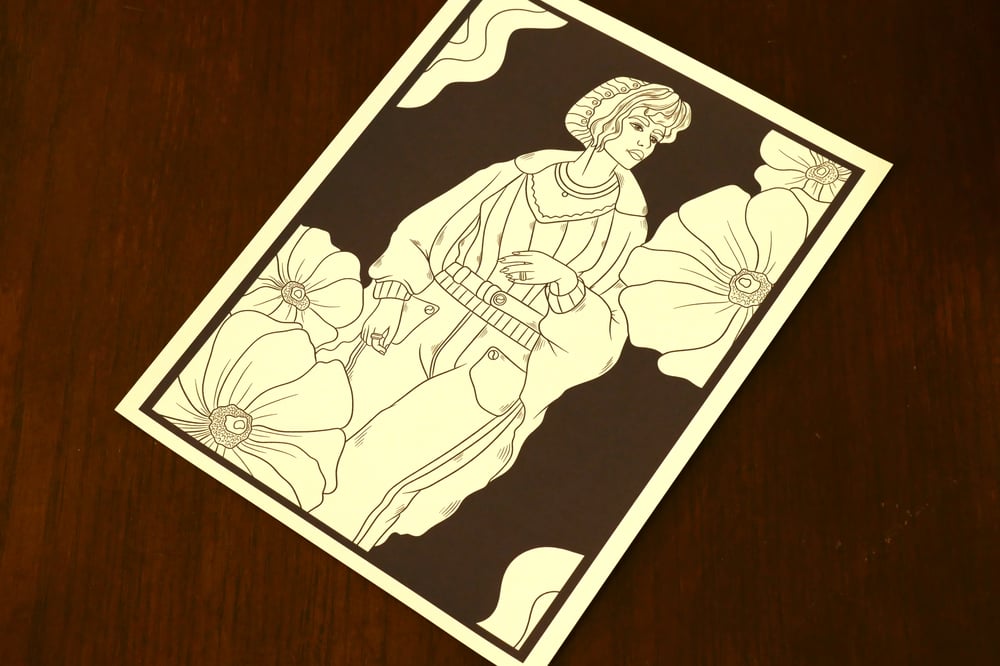 A black and white coloring sheet showing a woman and falling flowers.