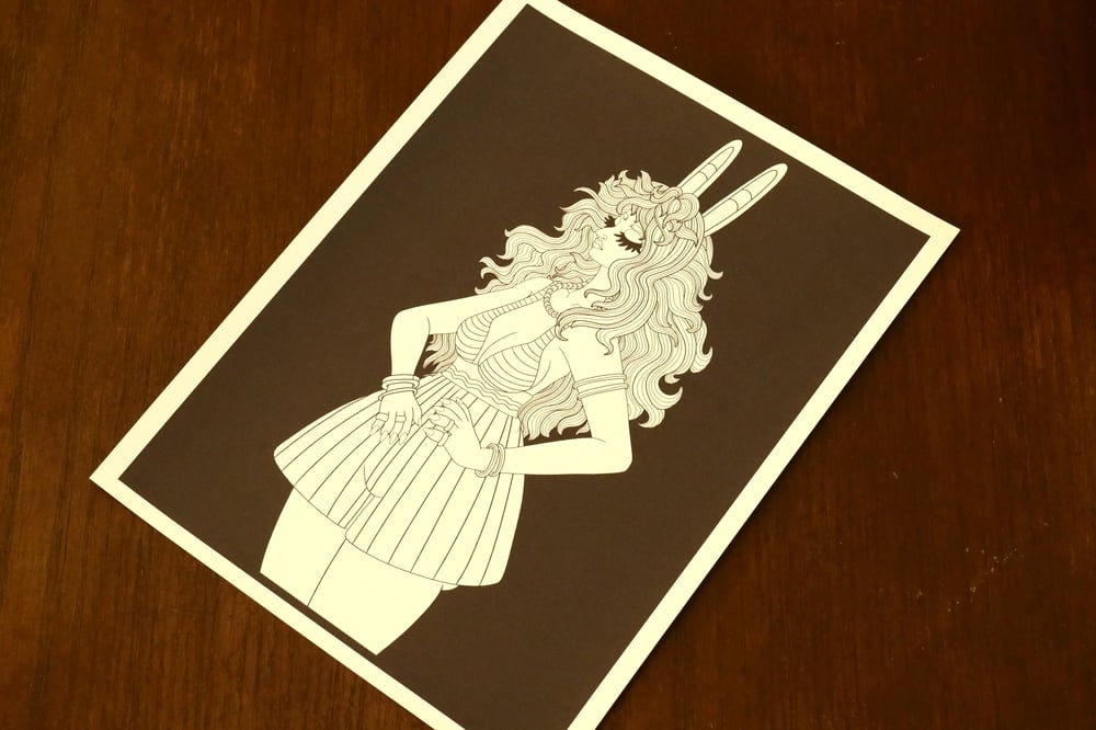 A black and white coloring sheet showing a anthro rabbit woman.