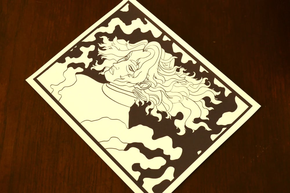 A black and white coloring page of a man with long hair.