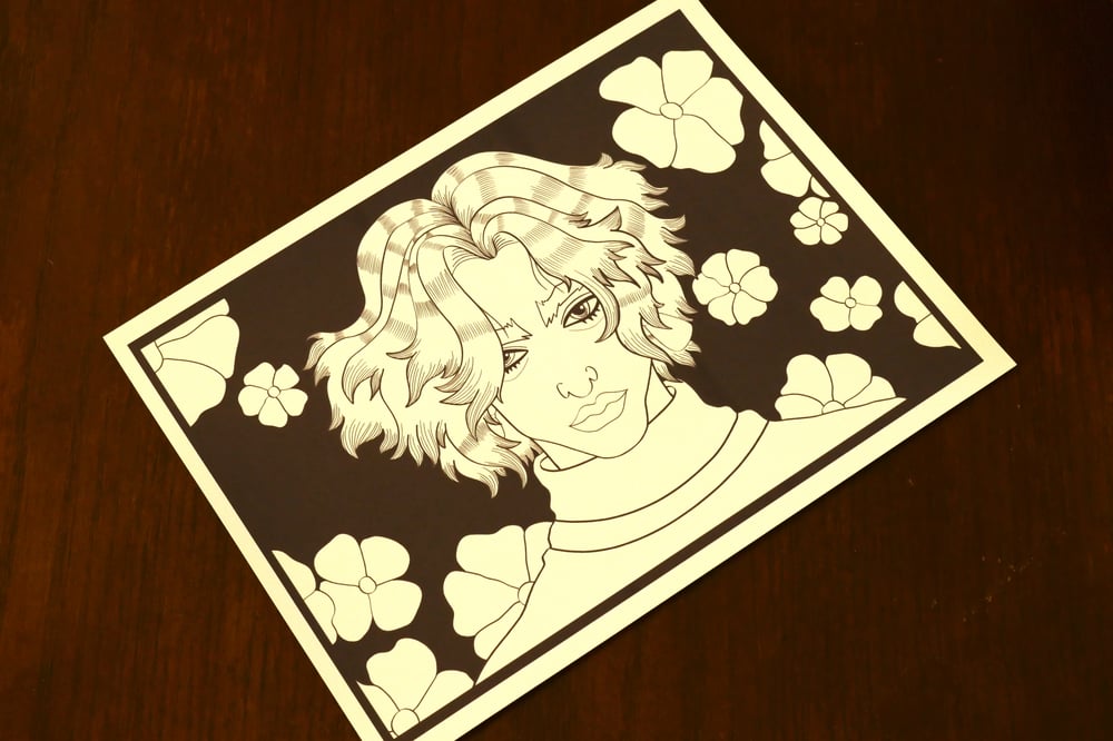 A black and white coloring page showing a man and falling flowers.