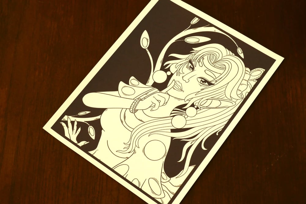 A black and white coloring sheet showing a elven woman.