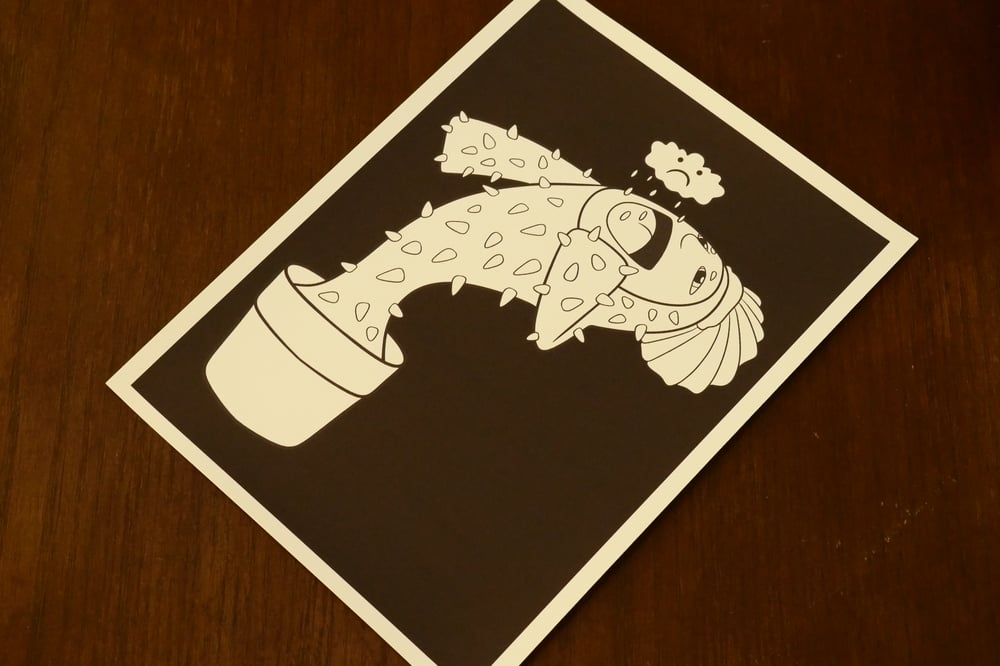 A black and white coloring sheet showing a cactus drinking rain water from a sad cloud.