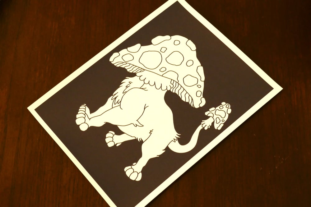 A black and white coloring sheet showing a mushrrom monster.