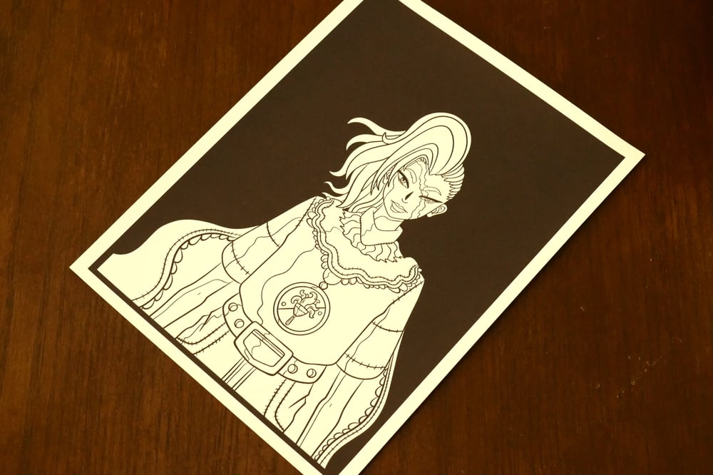 A black and white coloring sheet showing a warrior woman.