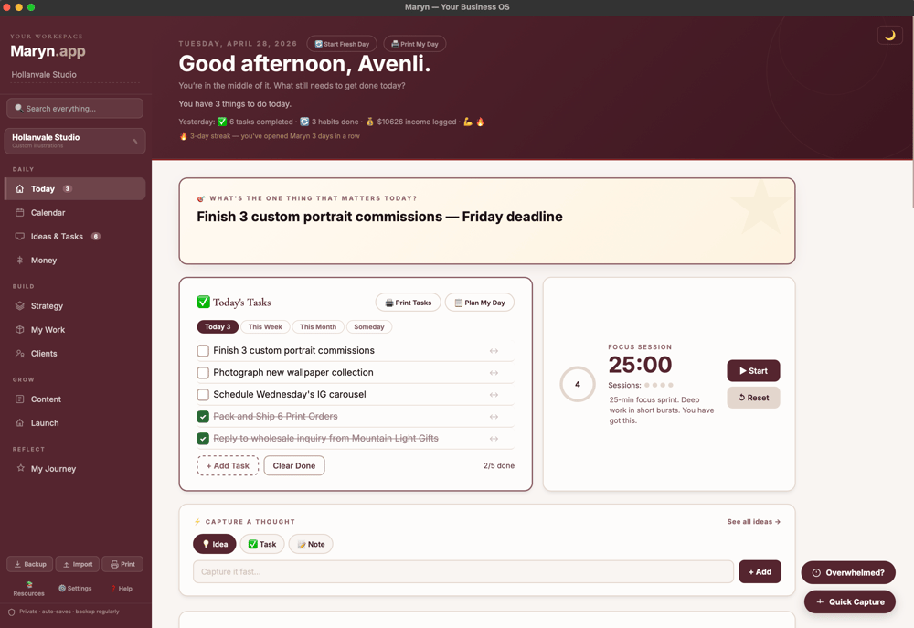 Maryn.app Today Homepage for Creative Business Software for ADHD