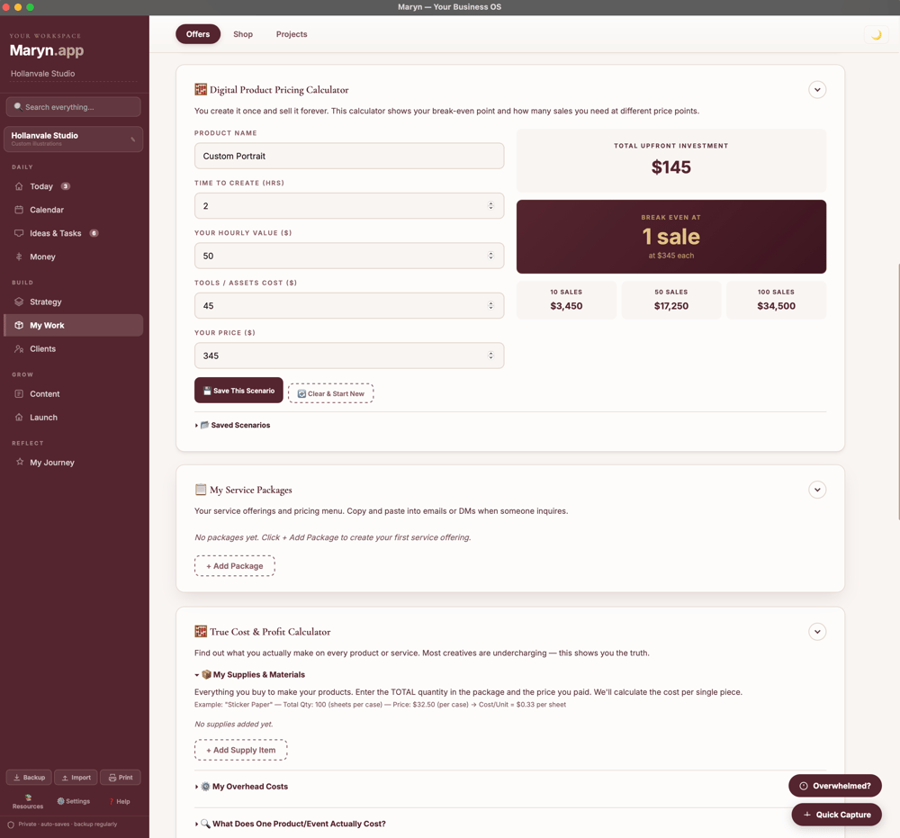 Maryn.app calculator tool for small business product cost and ROI