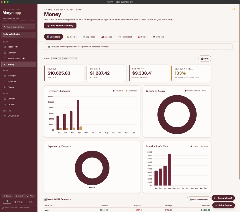 maryn.app small business operating system, bookkeeping and daily tracking for creative businesses