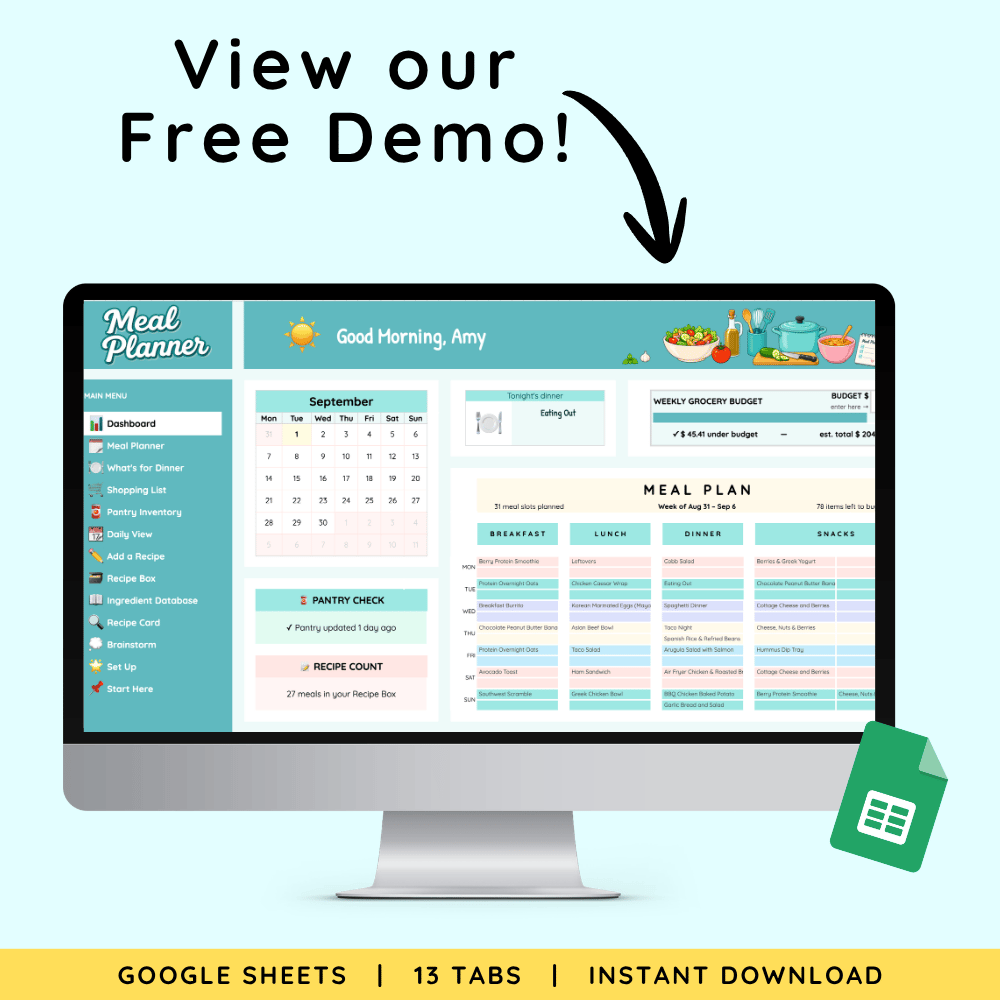 View our free demo of the ADHD Meal Planner Dashboard, with a monthly calendar, tonight's dinner, weekly grocery budget, and the week's meal plan. Demo link in listing.