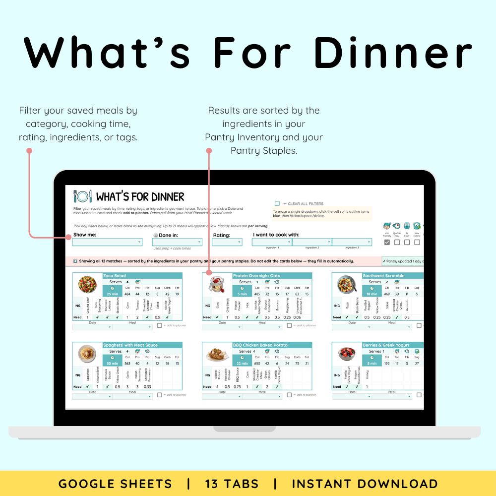 What's for Dinner tab filtering saved meals by category, cooking time, rating, ingredients, or tags, with recipe cards sorted by what is already in your pantry.