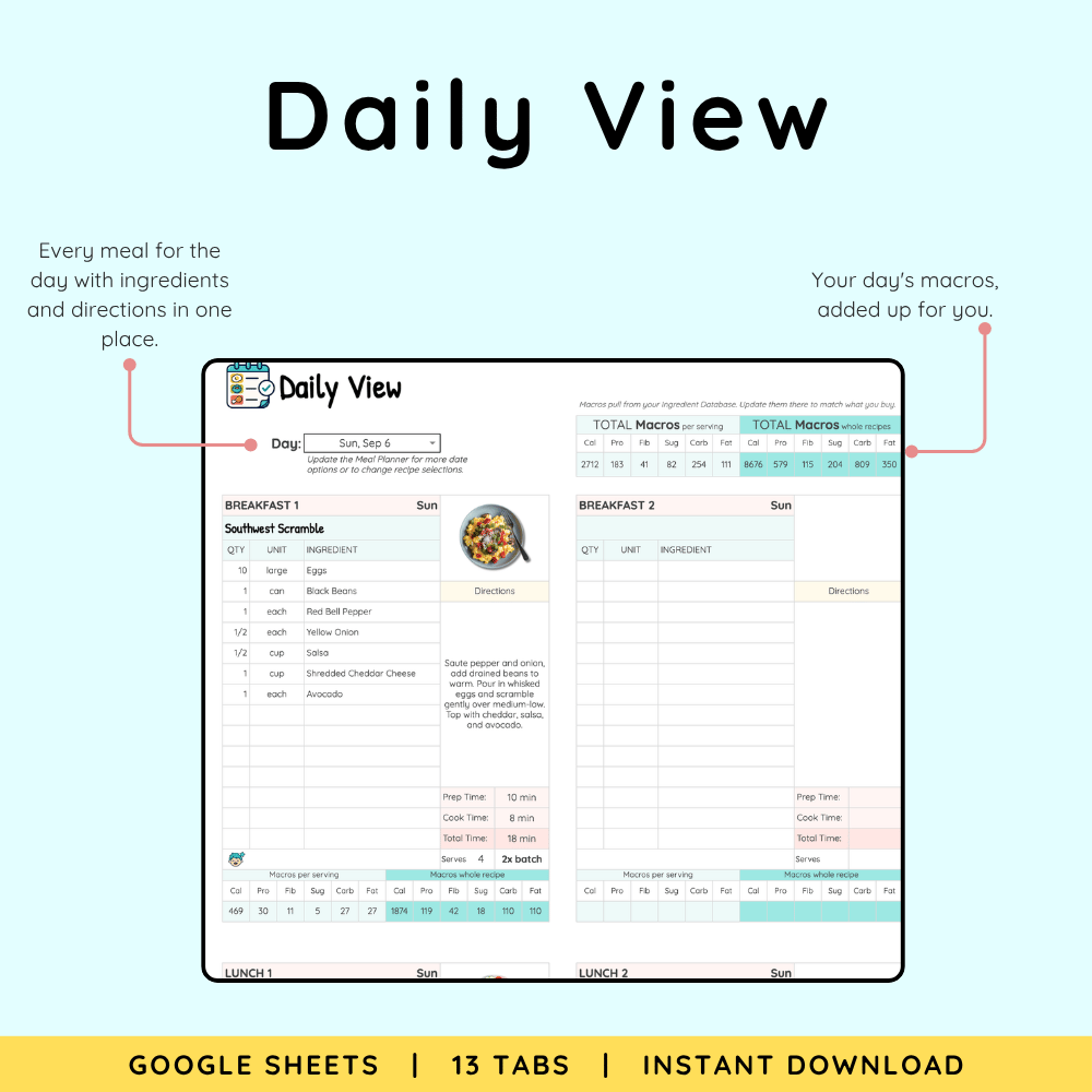 Daily View tab showing every meal for the day with ingredients, directions, prep and cook times, and total macros per serving and whole recipe.