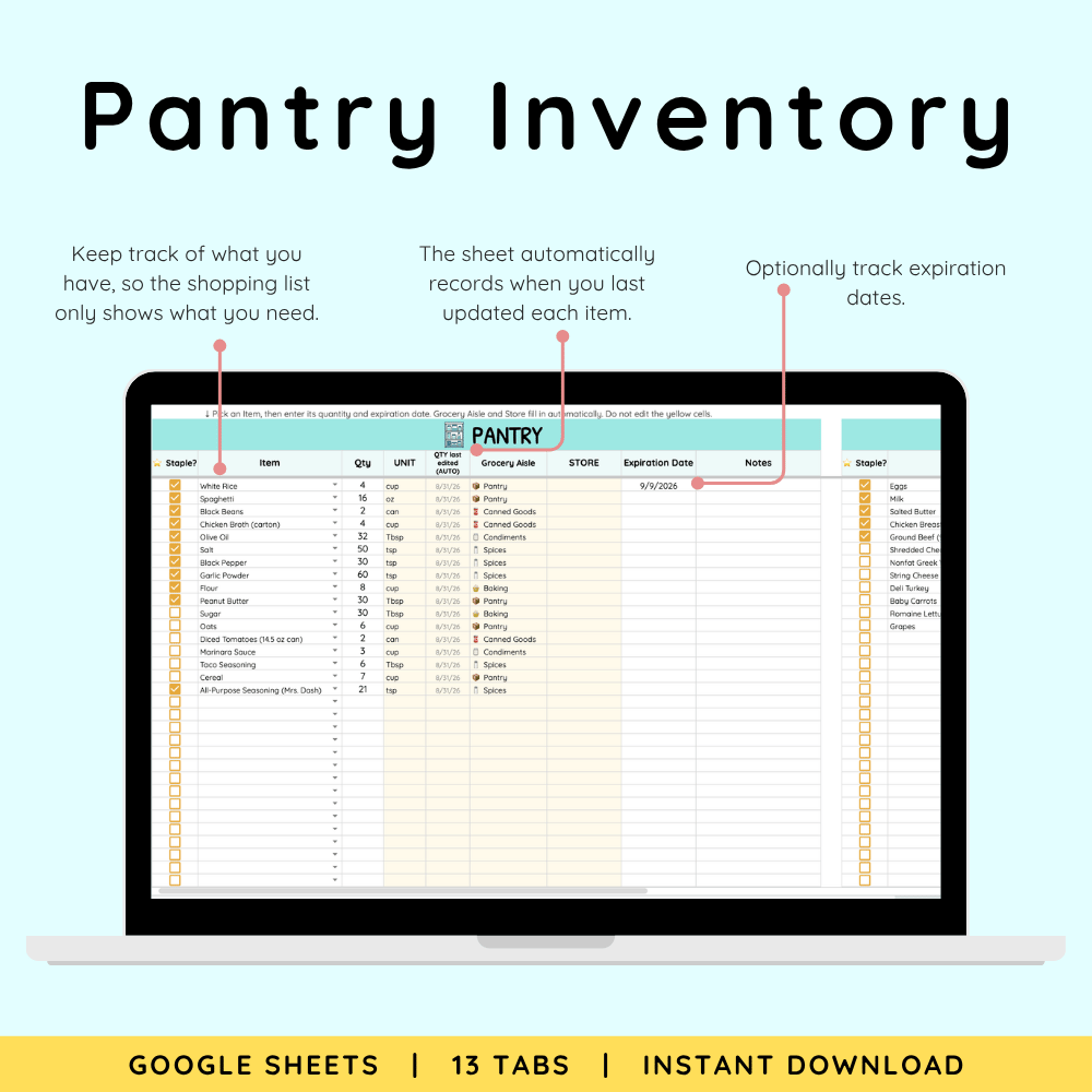 Pantry Inventory tab listing kitchen staples with quantity, unit, last-updated date, grocery aisle, and optional expiration date.